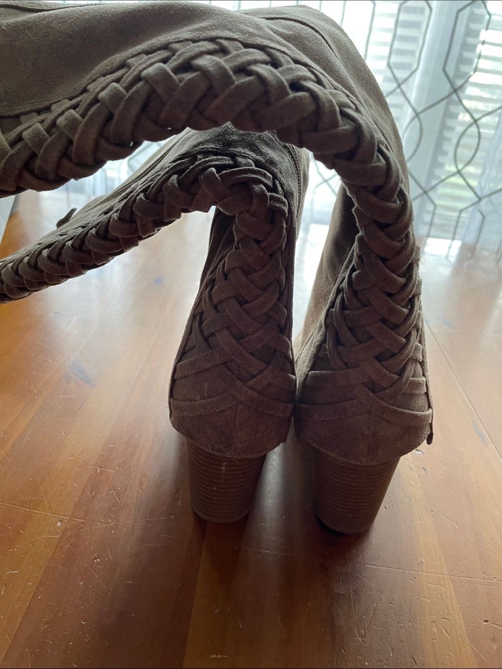 Fergalicious Taupe Lace-Up Knee-High Block Heel Boots - Picture 4 of 5